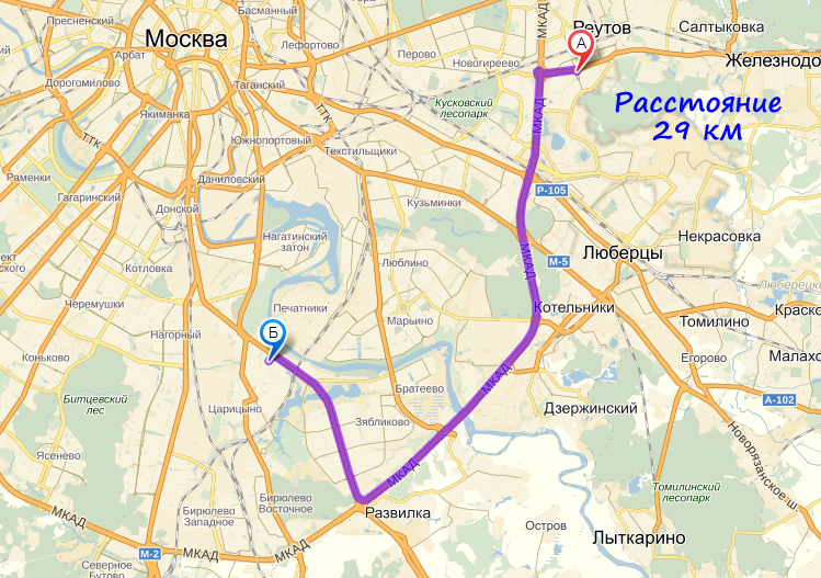 Расстояние до района Москворечье - Сабурово